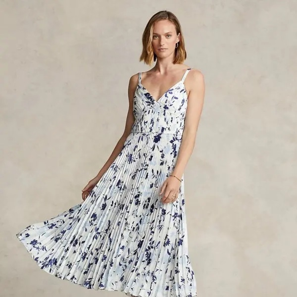 Polo by Ralph Lauren White and Blue Pleated Midi Sundress